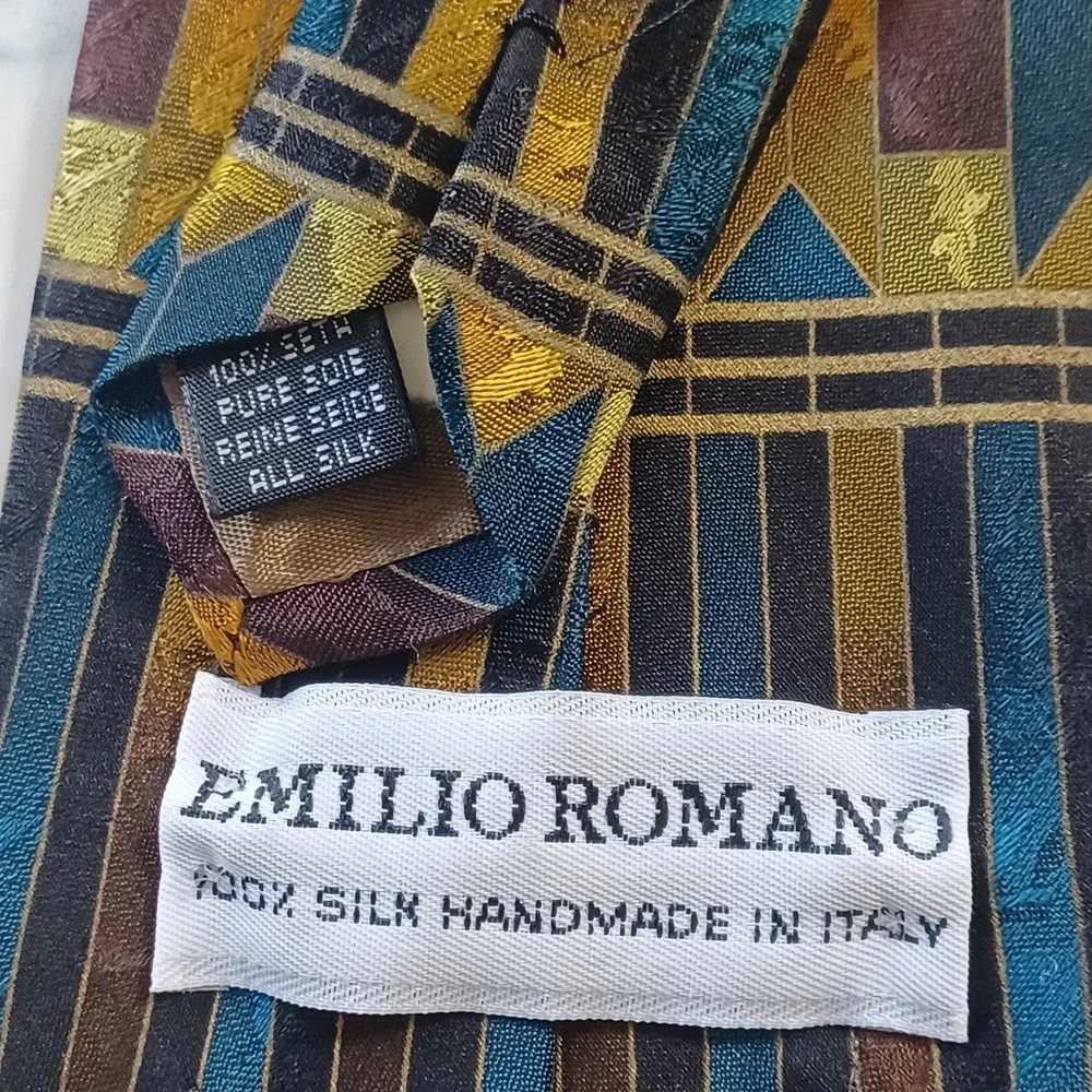 Emilio Romano Silk Tie Men Gold Teal Geometric Art Deco Handmade Italy 4 Inch